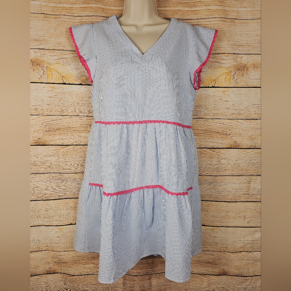 Andree By Unit Blue Seersucker Pink Lace Trim Dress Size Small